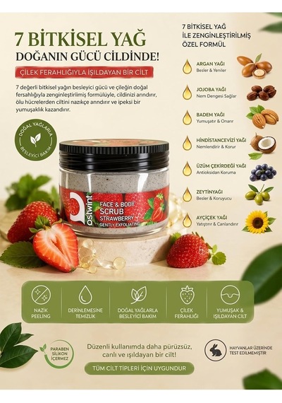 Yüz Ve Vücut Peeling Scrub Çilek 300 Ml, Cilt Temizleyici, Pürüssüzleştirici, Dolaşımı Hızlandırıcı