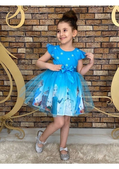Neşeli Bebe Frozen Elsa Temalı Yazlık Kız Çocuk Elbise 4-7 Yaş Hafif Kumaş Günlük Kullanıma Uygun Mavi
