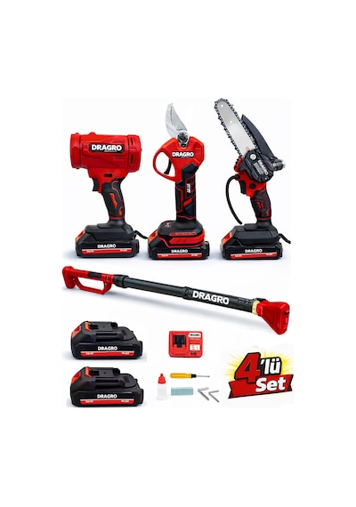 Dragro Drg4 'lü Set Şarjlı Makas + Otomatik Yağlı Testere + Yaprak Üfleme + Teleskopik Kol K