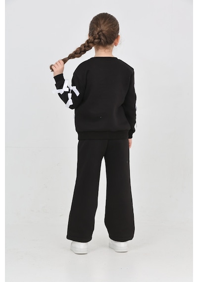 Erdem Kıds Kız Çocuk 3 İplik Şardonlu Kurdele Detaylı Basic Sweatshirt-bol Kesim Palazzo Eşofman Takım Siyah Siyah
