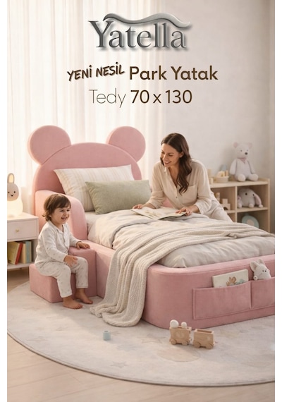Yatella Luxury Tedyy Baza Ve Başlıklı Montessori Full Sünger Yatak Seti 70 X 130 Pembe