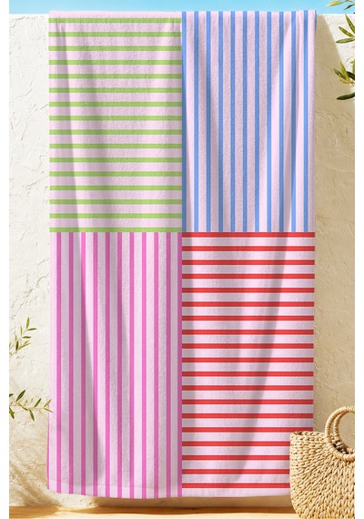 Çizgili Renk Bloklu Modern Plaj Havlusu - Pastel Minimalist Yazlık Hızlı Kuruyan Mikrofiber Havlu Bulut Şakayık