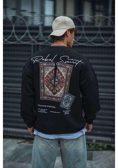 Uzun Kol Bisiklet Yaka Baskılı Sweatshirt - Siyah Siyah