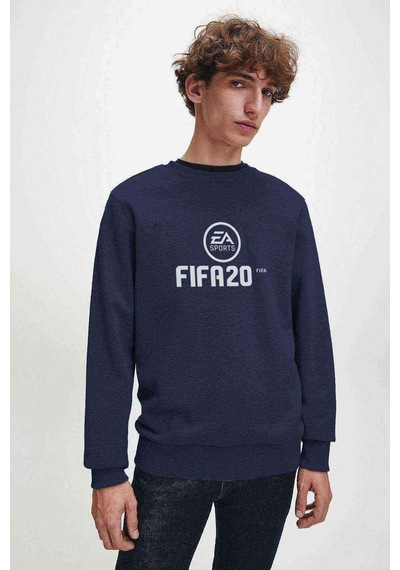 Fıfa 2020 Baskılı Indigo Mavi Lacivert Erkek Örme Sweatshirt