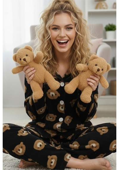Siyah İnci Düğmeli Wellsoft Pijama Takım 7922 Siyah