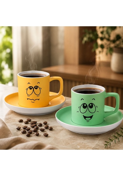 Bk Gift 2'li Sarı Ve Yeşil Renkli Emoji Yüz Tasarımlı Seramik Türk Kahvesi Fincanı Takımı-2 Çok Renkli