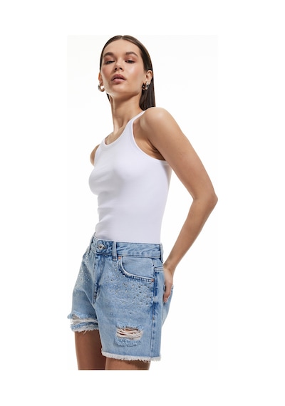 Koton Taşlı Yıpratılmış Düğmeli Cepli Mini Denim Şort Açık İndigo 5sal40071md Açık İndigo