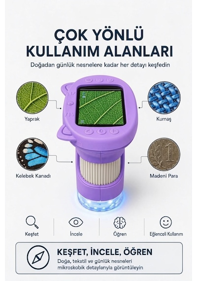 4berry Taşınabilir Fotoğraf Çekebilen Dijital Mikroskop 1000x 2.4 Ips Ekran, 2 Mp Kamera, 8 Led Işık, Type-c Şarjlı Mor