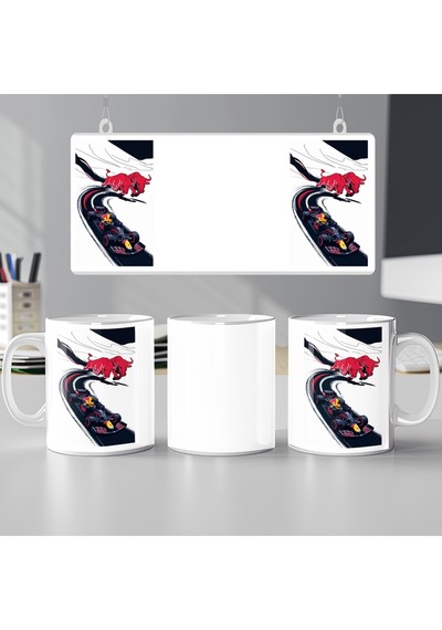 Red Bull Boğa Çizim Tasarım Kupa Bardak İki Boğalı Formula 1 Yarışı Konseptli Koleksiyonluk Hediye Beyaz