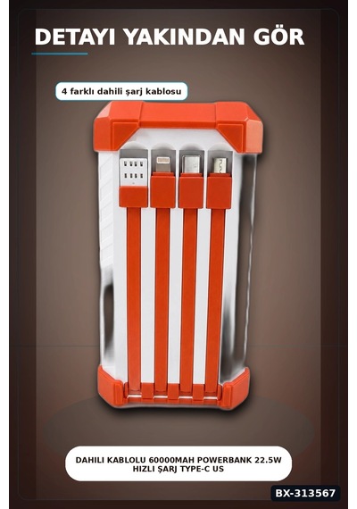 Bay Dahili Kablolu 60000mah Powerbank 22.5w Hızlı Şarj Type-c Usb Çıkışlı Dijital Göstergeli Bx-313567 Najmaddi Standart