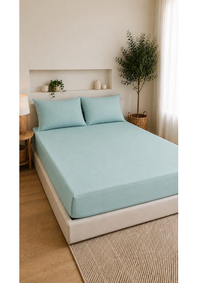 Çift Kişilik Lastikli Çarşaf Takımı 2 Adet Yastık Kılıflı 50x70 160x200+30 %100 Pamuk Turkuaz