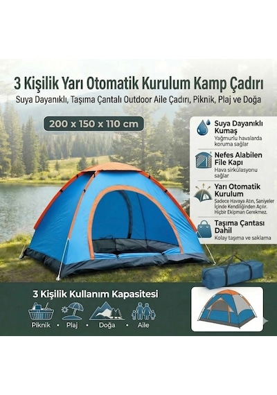 3 Kişilik Yarı Otomatik Kurulum Kamp Çadırı Suya Dayanıklı, Taşıma Çantalı Outdoor Aile Çadırı, Pi Çok Renkli