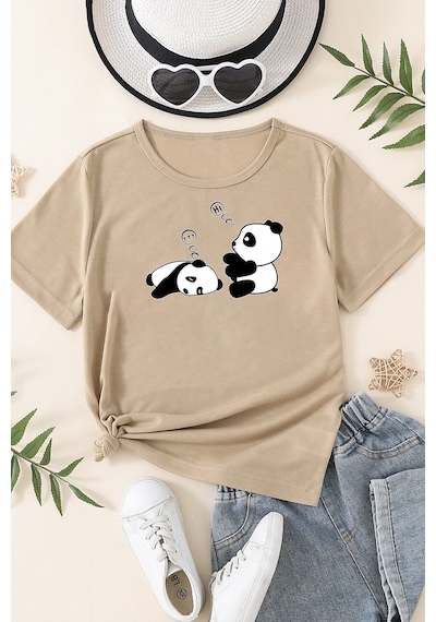 Uyguntarz Çocuk Sleep Panda Baskılı Pamuklu Tshirt Bej