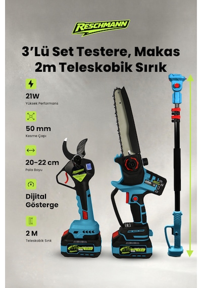 R-9108-9908-sırık 3lü Set Şarjlı Testere Ve Budama Makası Ve 2 Metre Teleskobik Uzatma Kolu 21v - 3.0 Ah - Dijital Göstergeli