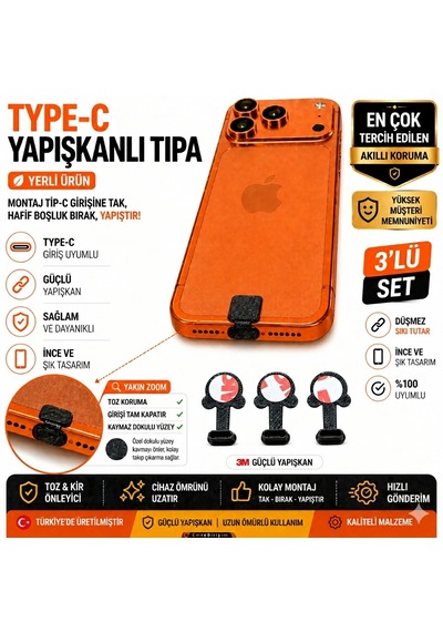 Type-c Yapışkanlı Toz Koruma Tıpası Yonca 3 Lü Set Şarj Girişi Koruyucu Premium