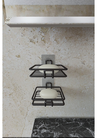 Eva Metal Tasarim Yapışkanlı Banyo Mutfak Lavabo Metal Katı Sabunluk 2'li Set Siyah