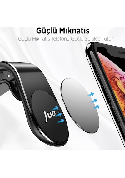 Juo Havalandırma Izgarası İçin Manyetik Mıknatıslı Telefon Tutucu + 2 Adet Manyetik Plaka Siyah