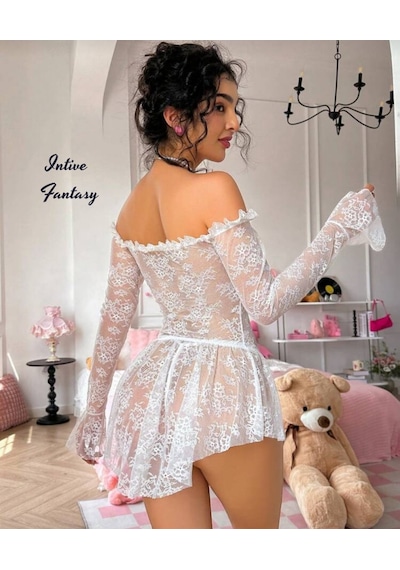Intive Fantasy Tamamı Dantelli Transparan Asimetrik Kesim Mini Ge Beyaz