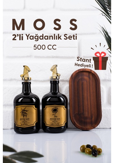 Moss 2'li Ahşap Standlı Damlatmaz Zeytinyağı Sıvıyağ Şişesi Cam Yağdanlık Seti 500 Ml Siyah Siyah