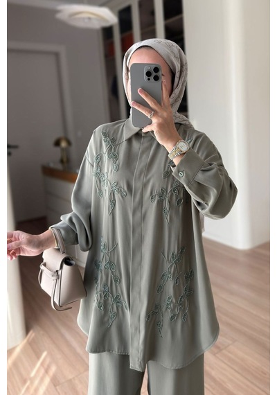 Ka Hijab Boncuk İşlemeli İkili Takım - Haki