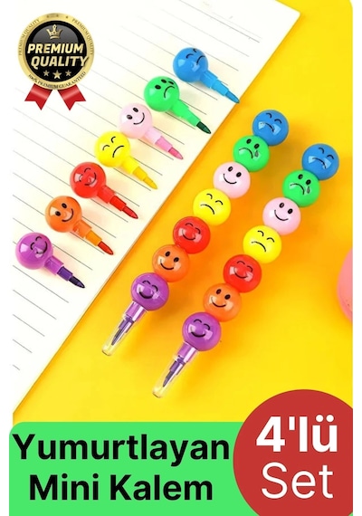 Özel Seri İlkokul Okul Öğrenci Renkli Hafif Eğlenceli Emoji Yüzlü Yumurtlayan Mini Kalem 4'lü Set