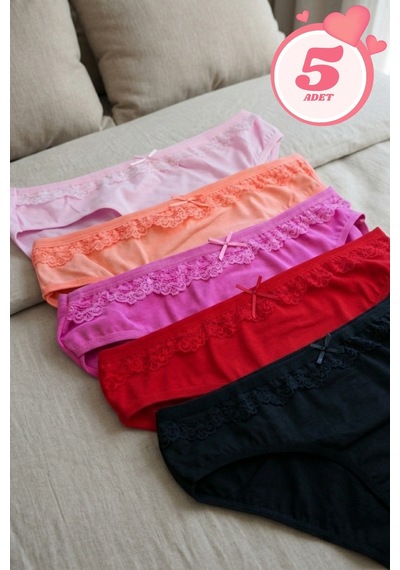 Mataş Kadın 5'li Paket Dantel Detaylı Pamuklu Bikini Külot Esnek İz Yapmaz Yumuşak İç Çamaşırı Çok Renkli