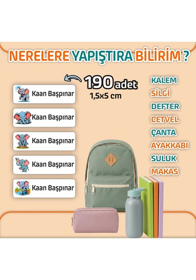 Kapbirhediye Okul Etiketi Isme Özel Kalem Defter Etiketi Fil Temalı 190 Adet Çok Renkli