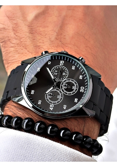 Premium Tasarım Silikon Kordon Exclusive Serisi Metal Kasa Erkek Kol Saati-bileklik Hediyeli Siyah
