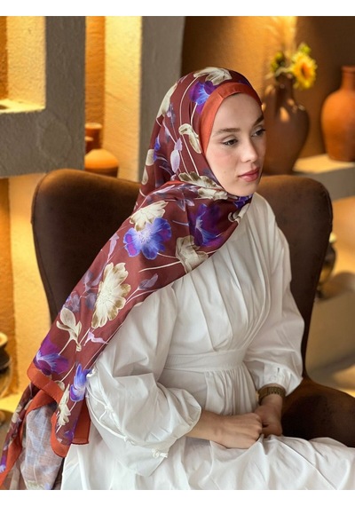 Moda Kaşmir Fiori Desen Lina Şal Kiremit