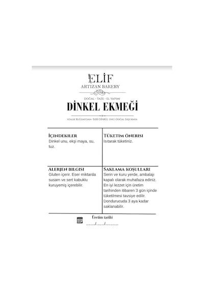 Elif Artizan Bakery Ekşi Mayalı Dinkel Ekmeği 750 G