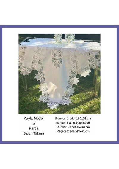 Bezos Salon Takımı 5 Parça Keten Masa Örtüsü Runner Seti Çeyizlik Kayla Model No 22252 Krem-gümüş Nıda
