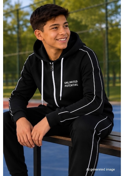 Pina Kids Erkek Çocuk Scuba Unlimited Çift Şeritli Kapüşonlu Reglan Kol Dalgıç Kumaş Eşofman Takımı Esf7024 siyah