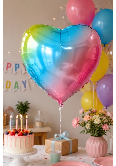 Folyo Balon Kalp Rainbow 24 İnç 60 Cm Renkli Doğum Günü Nişan Söz Düğün Parti Süsleme Balonu Çok Renkli