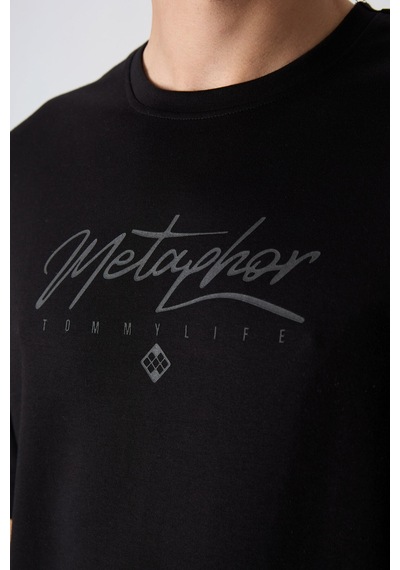Tommy Life Siyah Pamuklu Kalın Yumuşak Dokulu Oversize Fit Baskılı Erkek T-shirt - 88320 Siyah