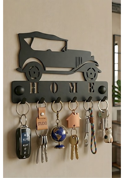 İondesign Araba Temalı Metal Anahtarlık Askılığı Siyah 6 Askılı Modern Duvar Dekoru Siyah