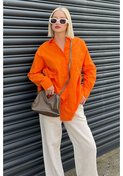 Madmext Turuncu Oversize Basic Cepli Poplin Gömlek Mg1530 Turuncu