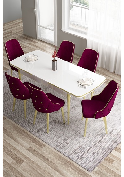 Canisa Tia Serisi 80x132 Açılabilir Mdf Mutfak Masası Takımı Beyaz Masa Gold Detay 6 Mürdüm Sandalye Masa Beyaz Sandalye Mürdüm Canisa Tia Serisi 80x132 Açılabilir Mdf Mutfak Masası Takımı Beyaz Masa Gold Detay 6 Mürdüm Sandalye Masa Beyaz Sandalye Mürdüm