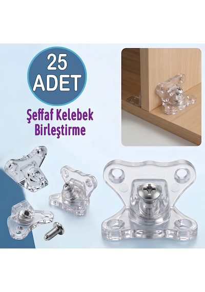 Açılı T Bağlantı Dereceli Çektirme Şeffaf Plastik Köşe Birleştirme Kelebek 25 Adet