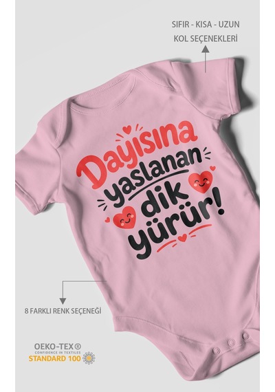 Morivokids Dayısına Yaslanan Dik Yürür Kısa Kollu Bebek Body %100 Pamuk Zbn254-kk Koyu Pembe