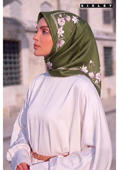 Sisley İpek Saten Eşarp-asm2036 Yeşil