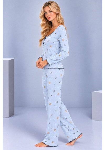 Pijamask Kadın Desenli Dantel Detaylı Fiyonk Ve Düğmeli Uzun Kollu Pijama Takımı Mavi-21