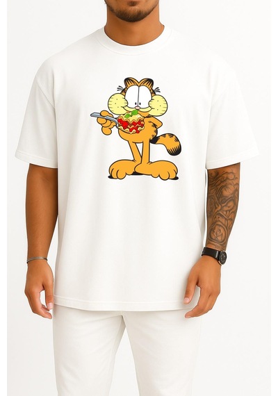Bahriyeli Collection Oversize Garfield 'ın Bingo Alt Özelliği Lasagneg Göğüs Tasarımlı Unisex T-shirt Beyaz