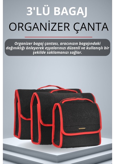 3'lü Cırtlı Keçe Kumaş Oto Bagaj Çantası Geniş Hacimli,dayanıklı,araç İçi Düzenleyici Kırmızı Kenar