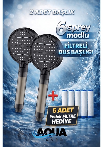 2 Adet 6 Fonksiyonlu Filtreli Duş Başlığı 5adet Yedek Filtre Su Arıtmalı, Klor Ve Kireç Önleyici, Yüksek Basınçlı Gri - Siyah