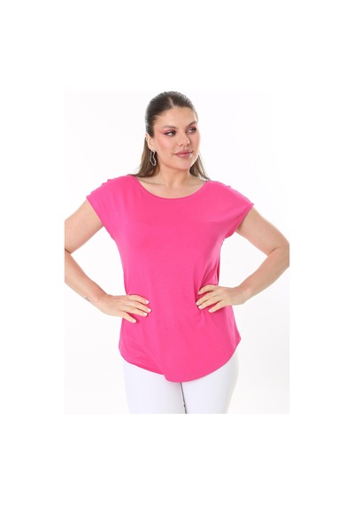 Şans Kadın Büyük Beden Neon Pembe Bisiklet Yakalı Düşük Kollu Bluz 65n37706-neon Pembe Neon Pembe