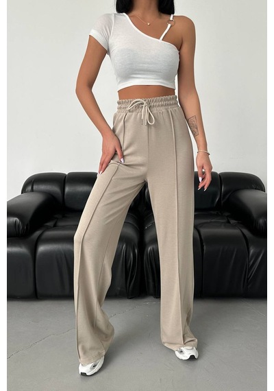 Neşeli Butik Kadın Bej Modal Kumaş Bol Paça Pantolon Nbg003