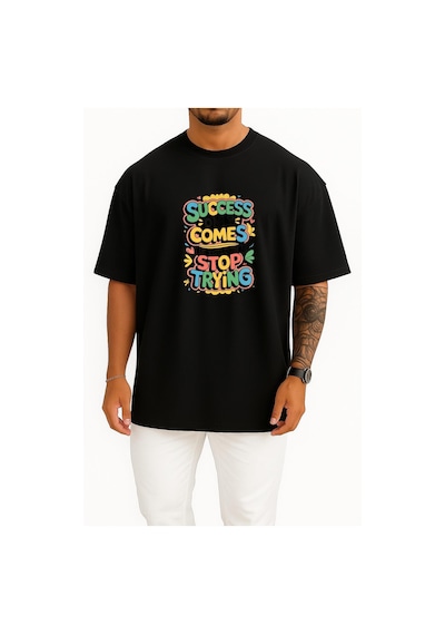 Bahriyeli Collection Oversize Başarı Sadece Denemeyi Bırakmazsan Gelir Göğüs Baskılı Unisex T-shirt Siyah