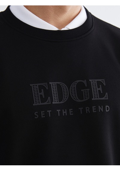 Lcw Vision Siyah Bisiklet Yaka Baskılı Erkek Kalın Sweatshirt