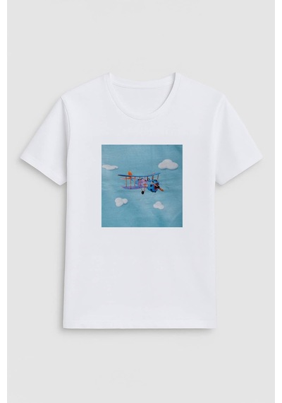 Markapia Woman Kadın Bisiklet Yaka %100 Pamuk Helikopter Baskılı Kısa Kollu T-shirt Beyaz M