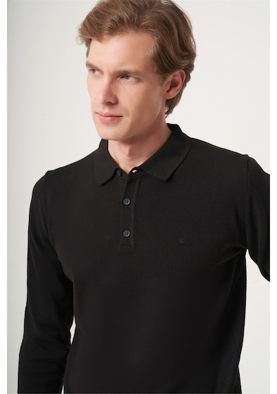 İmza Siyah Polo Yaka Uzun Kol Örme Comfort Fit Pamuklu Kazak 1012265007